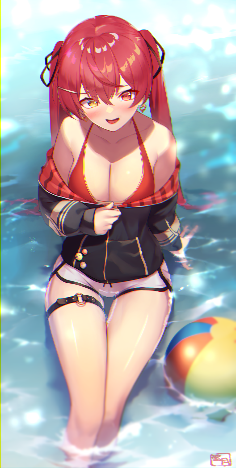 1girl, ball, bangs, bare_shoulders, beachball, bikini, black_jacket, black_ribbon