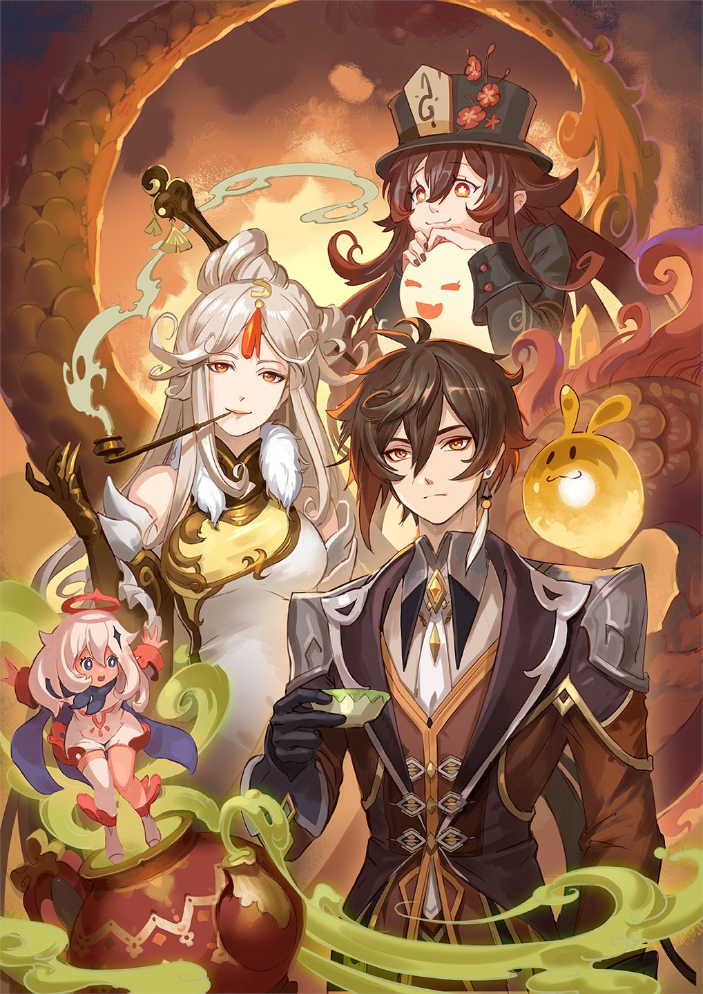 1boy, 3girls, :3, :|, arms_up, bangs, bare_shoulders, black_gloves, black_hair, black_headwear, black_nails, black_scarf, blue_eyes, breasts, brown_hair, cape, china_dress, chinese_clothes, claw_ring, closed_mouth, coat, collared_coat, collared_shirt, colored_tips, cup, diamond-shaped_pupils, diamond_(shape), dragon, dress, earrings, eastern_dragon, elbow_gloves, eyebrows_visible_through_hair, eyeliner, eyeshadow, fang, fang_out, flower, flower-shaped_pupils, formal, genshin_impact, ghost, gloves, gradient_hair, hair_between_eyes, hair_ornament, hairpin, halo, hand_up, hands_on_another's_head, hat, hat_flower, hat_ornament, highres, holding, holding_cup, hu_tao_(genshin_impact), jacket, jewelry, large_breasts, lips, long_hair, long_sleeves, looking_at_viewer, makeup, multicolored_hair, multiple_girls, necktie, ningguang_(genshin_impact), open_mouth, orange_hair, outstretched_arms, paimon_(genshin_impact), parted_bangs, philiera, pipe, pipe_in_mouth, plum_blossoms, ponytail, porkpie_hat, red_eyes, red_eyeshadow, red_flower, scales, scarf, shirt, short_hair, short_hair_with_long_locks, sidelocks, single_earring, single_thighhigh, smile, smoke, smoking, star-shaped_pupils, star_(symbol), suit, symbol-shaped_pupils, tassel, tassel_earrings, teapot, thigh-highs, twintails, upper_body, very_long_hair, vest, white_dress, white_hair, yellow_eyes, zhongli_(genshin_impact)