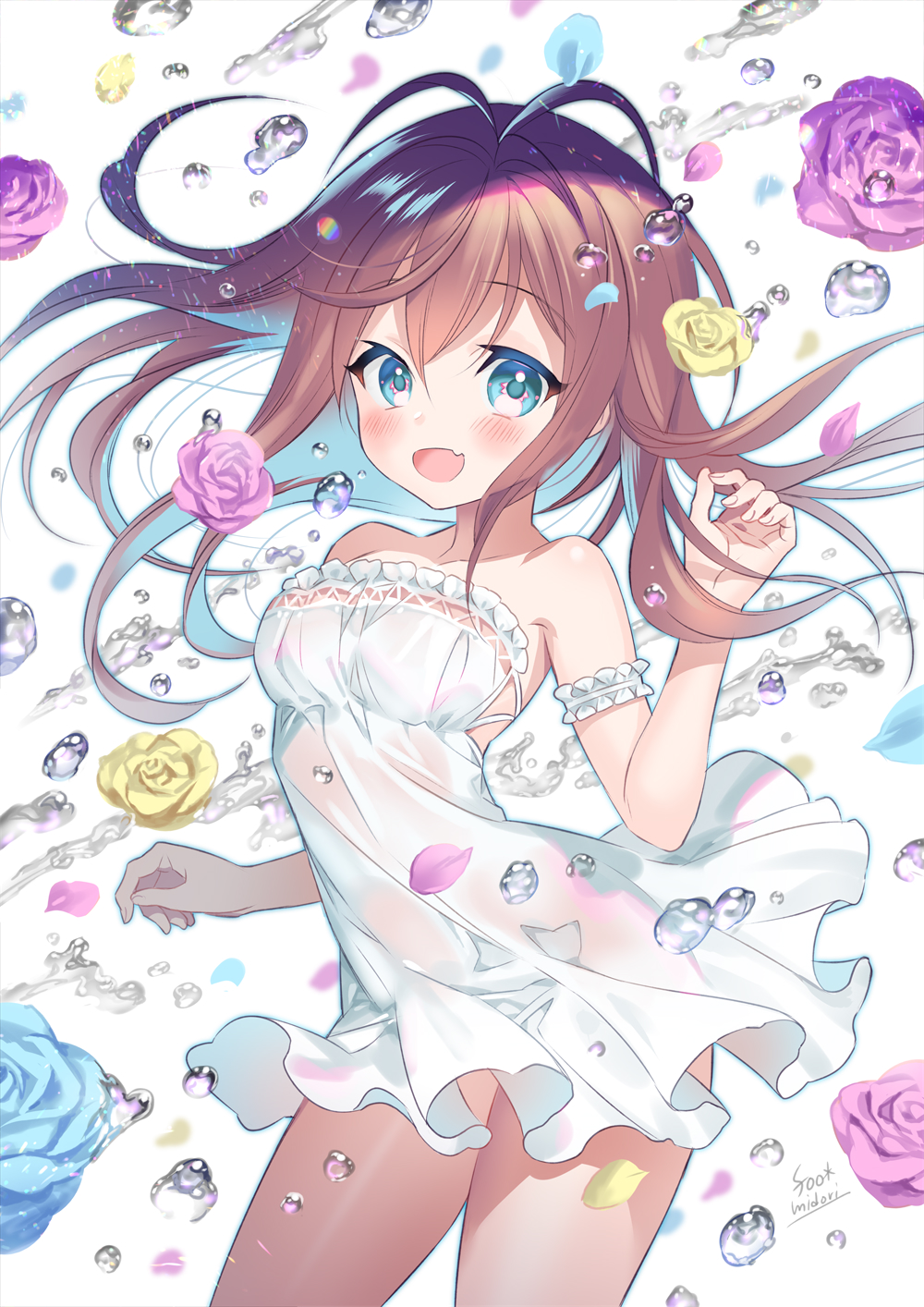 1girl, :d, antenna_hair, armband, banned_artist, bare_arms, bare_legs, bare_shoulders