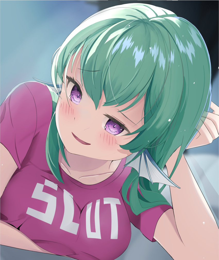 1girl, bangs, breasts, clothes_writing, collarbone, eyebrows_visible_through_hair, finana_ryugu, green_hair