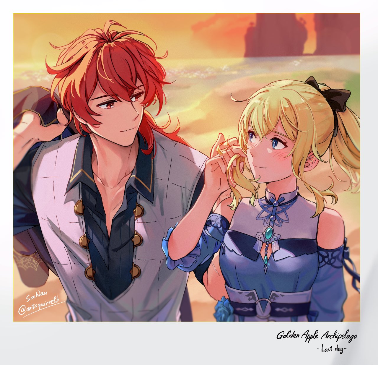 1boy, 1girl, blonde_hair, blue_dress, blue_eyes, blue_flower, blue_rose, blush