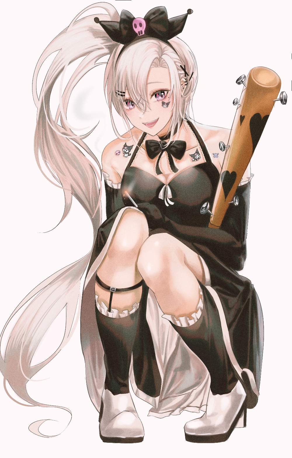 1girl, bow, hair_bow, hair_ornament, hairclip, highres, isobe47, kuromi