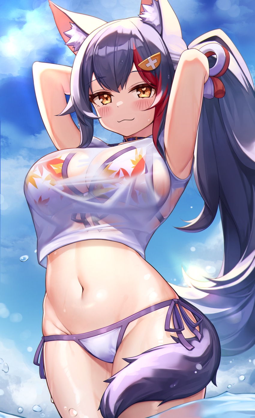 1girl, :3, :d, absurdres, alternate_hairstyle, animal_ears, armpits, arms_behind_head, bikini, bikini_under_clothes, black_hair, blue_sky, blush, breasts, brown_eyes, closed_mouth, clouds, day, deaver, eyebrows_visible_through_hair, fang, floral_print, hair_ornament, halterneck, highres, hololive, large_breasts, long_hair, looking_at_viewer, multicolored_hair, navel, ookami_mio, ponytail, print_bikini, redhead, side-tie_bikini, sky, smile, solo, streaked_hair, string_bikini, swimsuit, tail, virtual_youtuber, water, wet, wolf_ears, wolf_tail