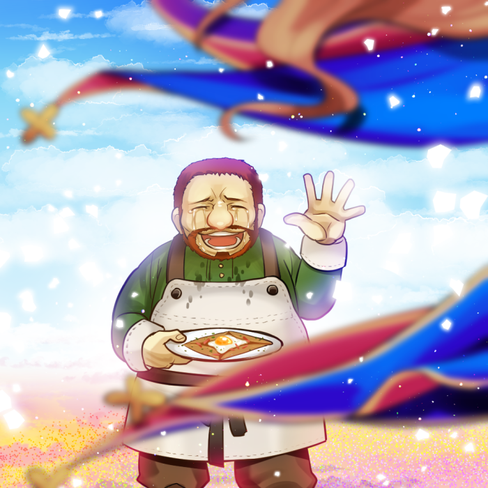 1boy, 1girl, akariya_kuubu, apron, beard, blurry, blurry_foreground, brown_hair