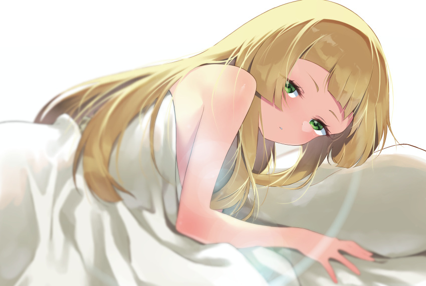 1girl, absurdres, bangs, blonde_hair, blurry, blush, eyelashes, from_side, green_eyes, highres, lillie_(pokemon), long_hair, looking_at_viewer, momihige, nude, parted_lips, pillow, pokemon, pokemon_(game), pokemon_sm, sleepy, solo, under_covers, waking_up