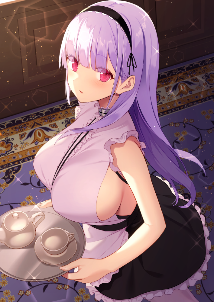 1girl, apron, azur_lane, black_skirt, breasts, carpet, center_frills, chacha_rw, dido_(azur_lane), eyebrows_visible_through_hair, frills, hair_behind_ear, holding, holding_tray, indoors, large_breasts, long_hair, looking_at_viewer, pink_eyes, purple_hair, shirt, sideboob, skirt, sleeveless, sleeveless_shirt, solo, tray, waist_apron, white_apron, white_shirt