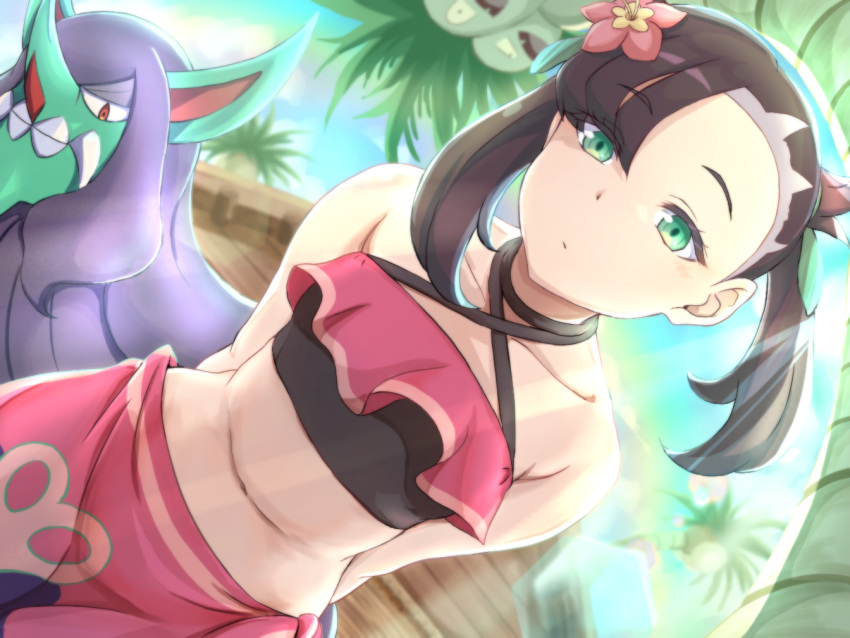 1girl, alolan_exeggutor, alolan_form, arms_behind_back, asymmetrical_bangs, bangs, bikini, black_hair