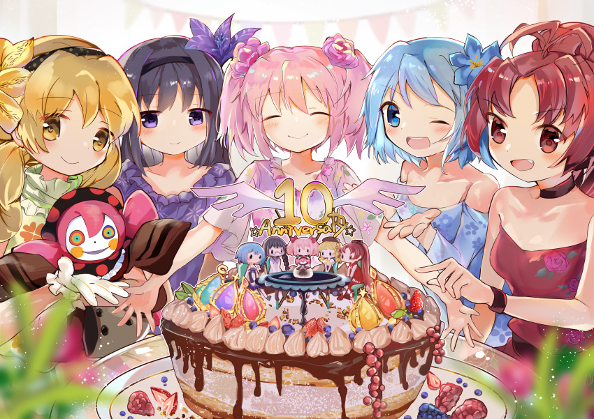 5girls, absurdres, akemi_homura, anniversary, black_hair, blonde_hair, blue_dress, blue_eyes