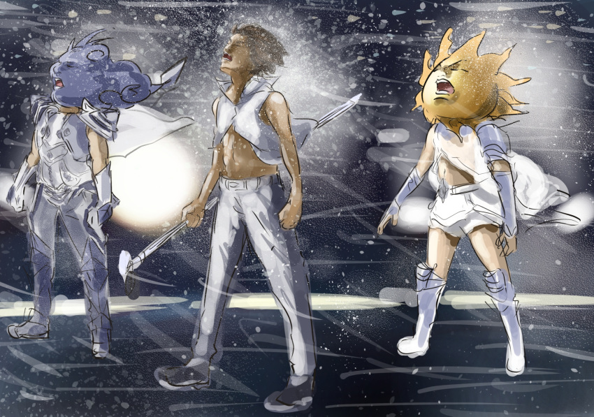 1boy, brown_hair, cacomistle_(artist), clouds, commentary_request, highres, jacket, necktie, north_wind_and_the_sun, open_mouth, short_hair, standing, sun, t.m.revolution, white_breath_(t.m.revolution), wind