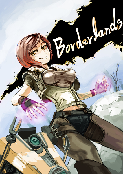 breasts, claptrap, female, fingerless_gloves, gloves, jacket, lilith_(borderlands), looking_down