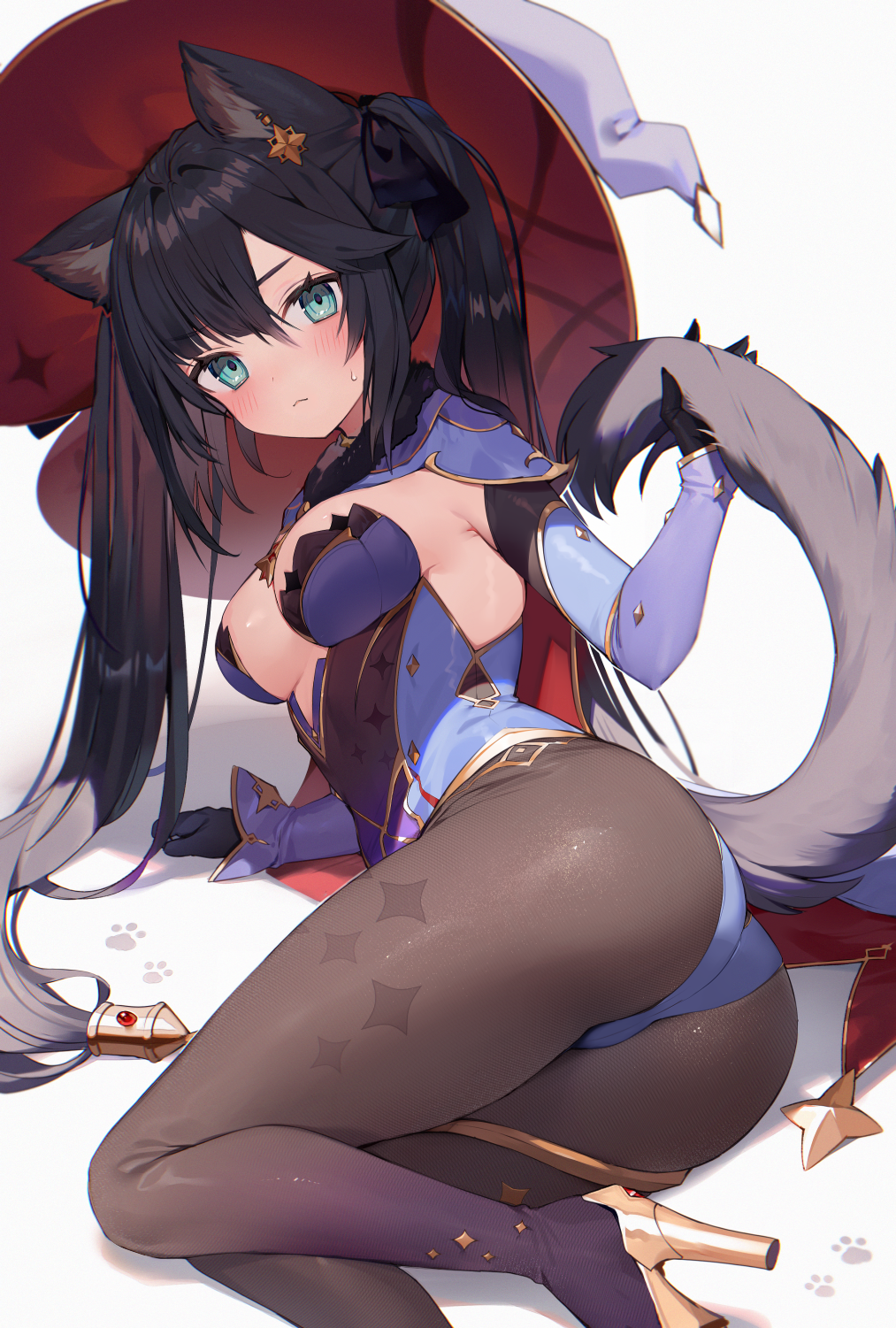 1girl, animal_ear_fluff, animal_ears, aqua_eyes, arm_support, ass, black_gloves, black_hair