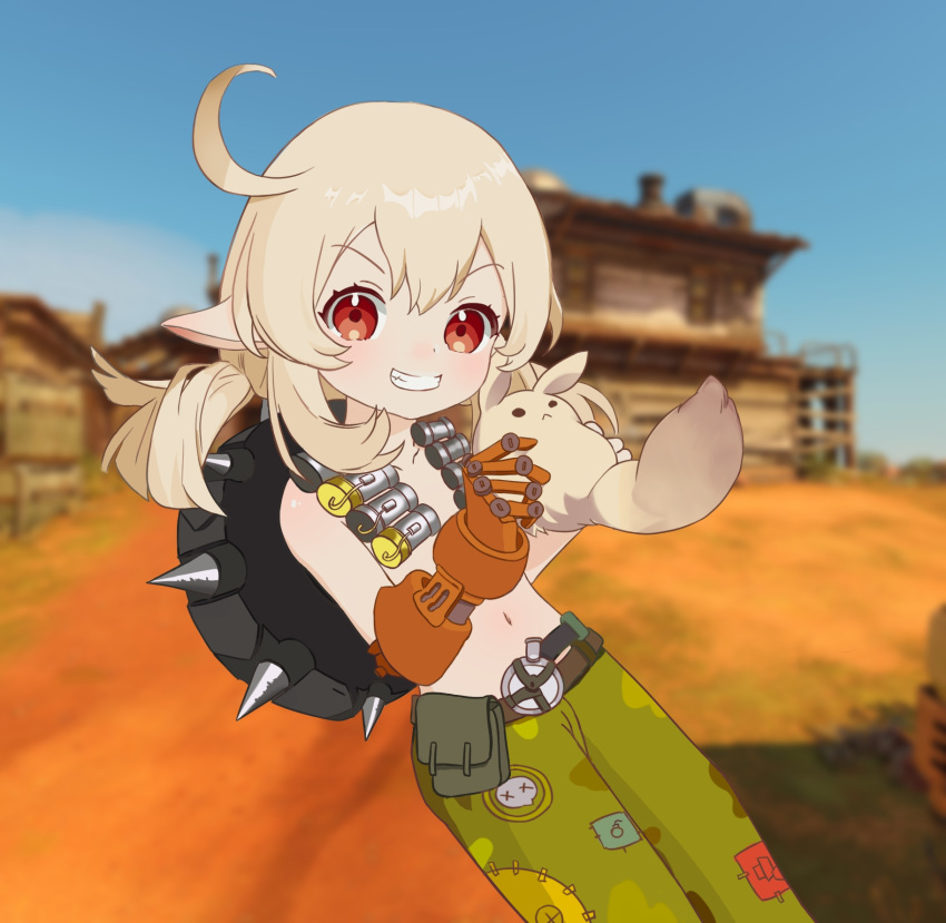 1girl, 3d_background, :d, ahoge, alternate_costume, bag, bangs, belt, blurry, collarbone, commentary_request, convenient_censoring, cosplay, depth_of_field, dodoco_(genshin_impact), doll, eyebrows_visible_through_hair, gauntlets, genshin_impact, green_pants, grin, hair_between_eyes, highres, holding, holding_doll, junkrat_(overwatch), junkrat_(overwatch)_(cosplay), klee_(genshin_impact), kouneko_jiaoyu, light_brown_hair, long_hair, looking_at_viewer, low_twintails, midriff, navel, open_mouth, orange_eyes, overwatch, pants, pointy_ears, sidelocks, single_gauntlet, smile, solo, trait_connection, twintails, v-shaped_eyebrows