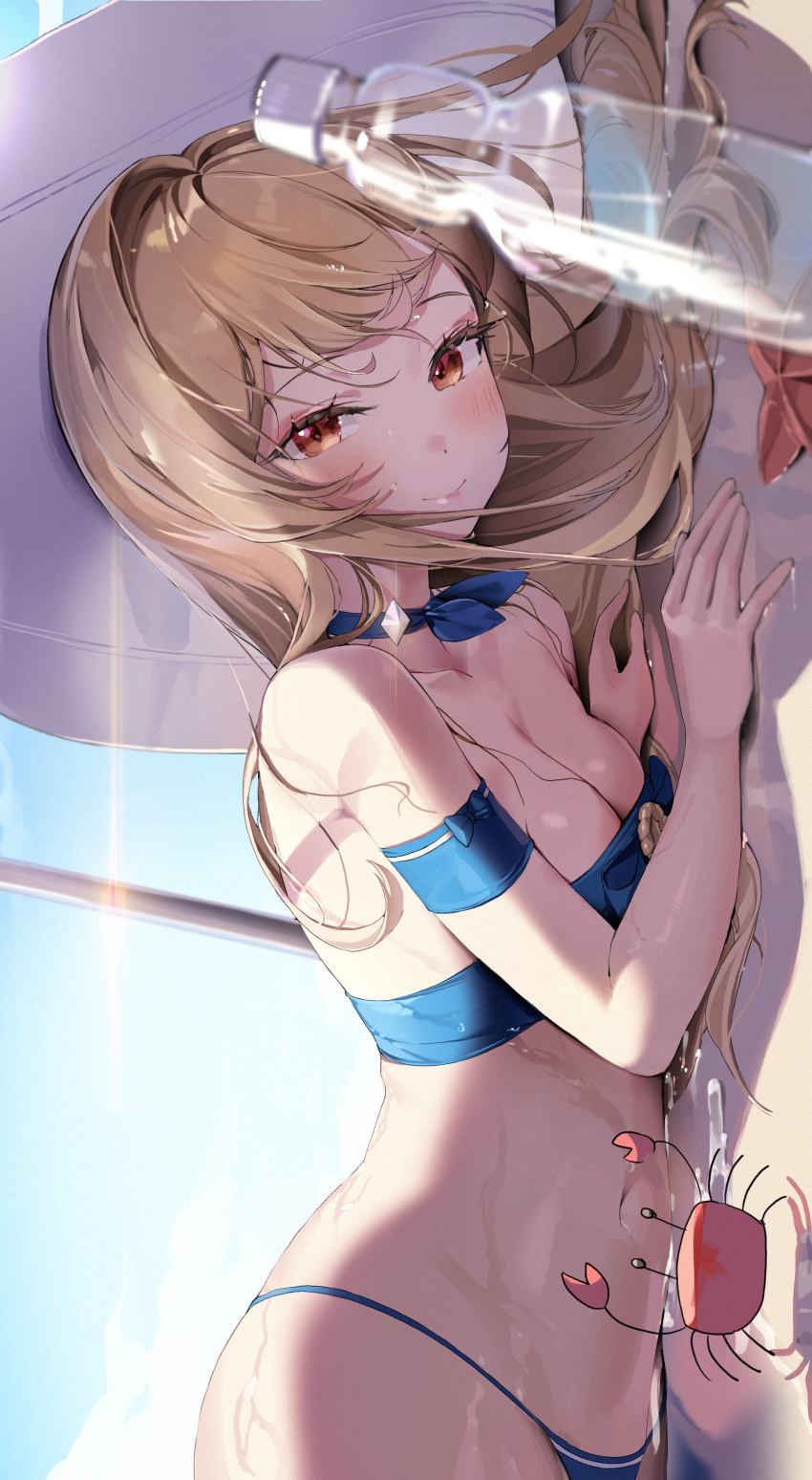 1girl, absurdres, arm_strap, arm_support, bandeau, bangs, bare_shoulders, bikini, blue_bikini, blue_choker, blush, bottle, breasts, brown_hair, choker, choyeon, closed_mouth, commentary, crab, day, destiny_child, highres, long_hair, looking_at_viewer, lying, medium_breasts, metis_(destiny_child), navel, on_side, outdoors, red_eyes, smile, solo, starfish, stomach, swimsuit, upper_body, wet