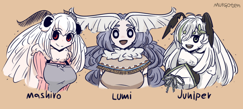 3girls, :d, antennae, apron, arthropod_girl, artist_name, beige_background, black_sclera