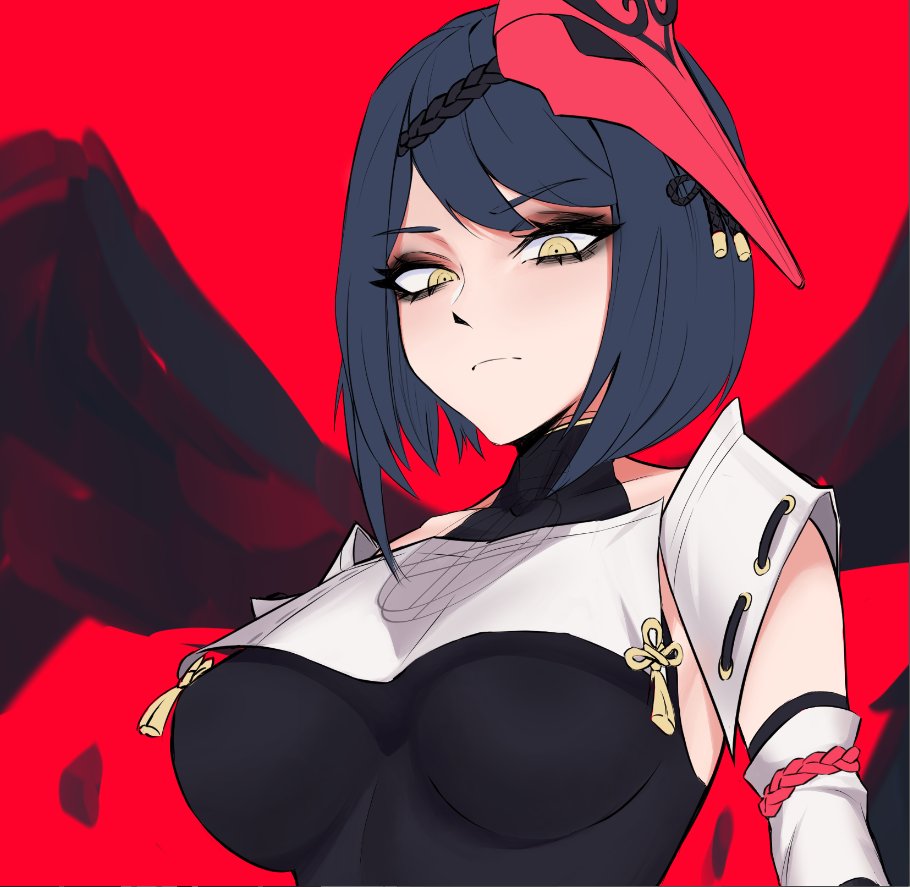 1girl, bangs, black_hair, black_wings, breasts, closed_mouth, commentary, detached_sleeves
