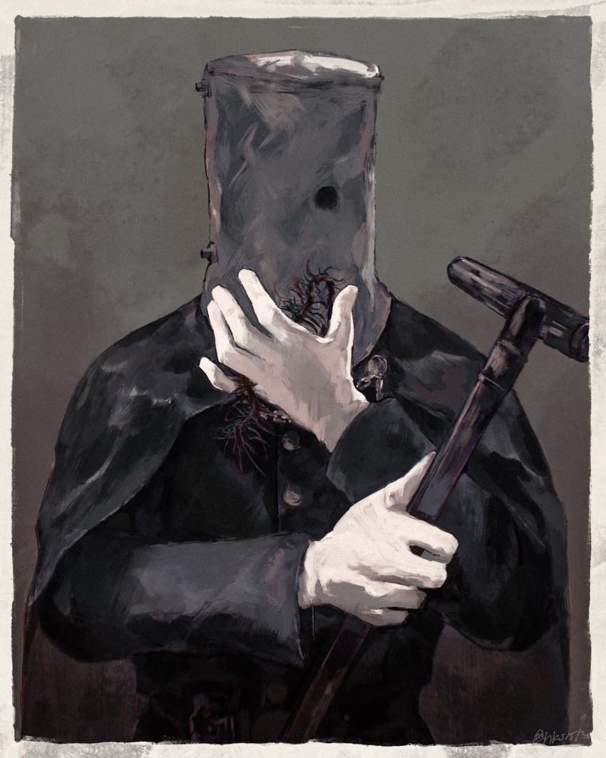 1boy, artist_name, bloodborne, bug, cane, centipede, coat, covered_face