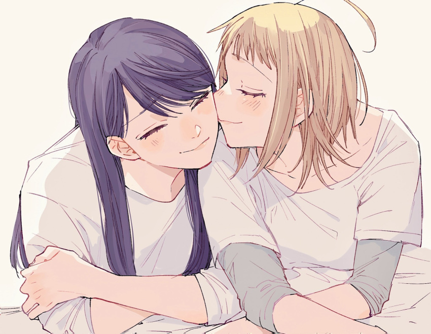 2dk_g_pen_mezamashidokei, 2girls, ahoge, black_hair, blonde_hair, blush, closed_eyes, fujimura_kaede, highres, kazuki_nanami, kiss, kissing_cheek, multiple_girls, ousawa_yayoi, smile, yuri