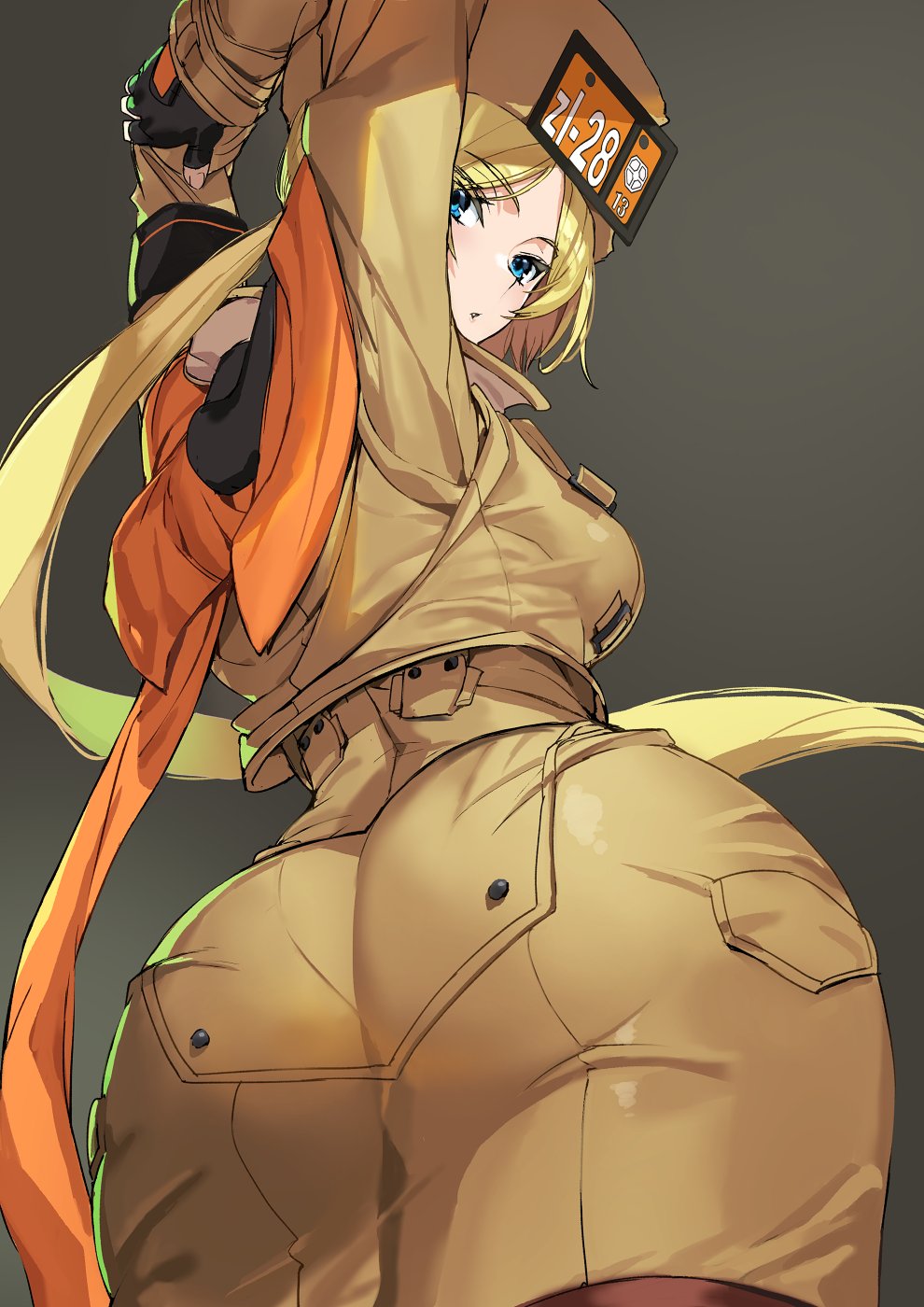1girl, arms_up, ashiomi_masato, ass, black_gloves, blonde_hair, blue_eyes, coat, fingerless_gloves, from_behind, from_below, fur_hat, gloves, guilty_gear, guilty_gear_strive, hat, highres, long_hair, millia_rage, tight_clothing, ushanka, very_long_hair, yellow_coat