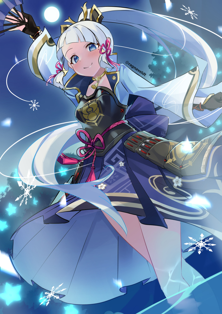 1girl, absurdres, arm_up, armor, bangs, blue_eyes, blue_hair, blunt_bangs