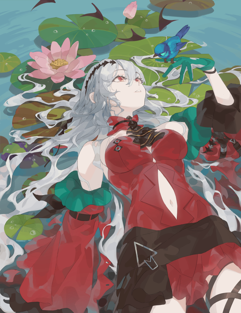 1girl, arknights, arms_on_head, ascot, bangs, bare_shoulders, bird, bird_on_finger