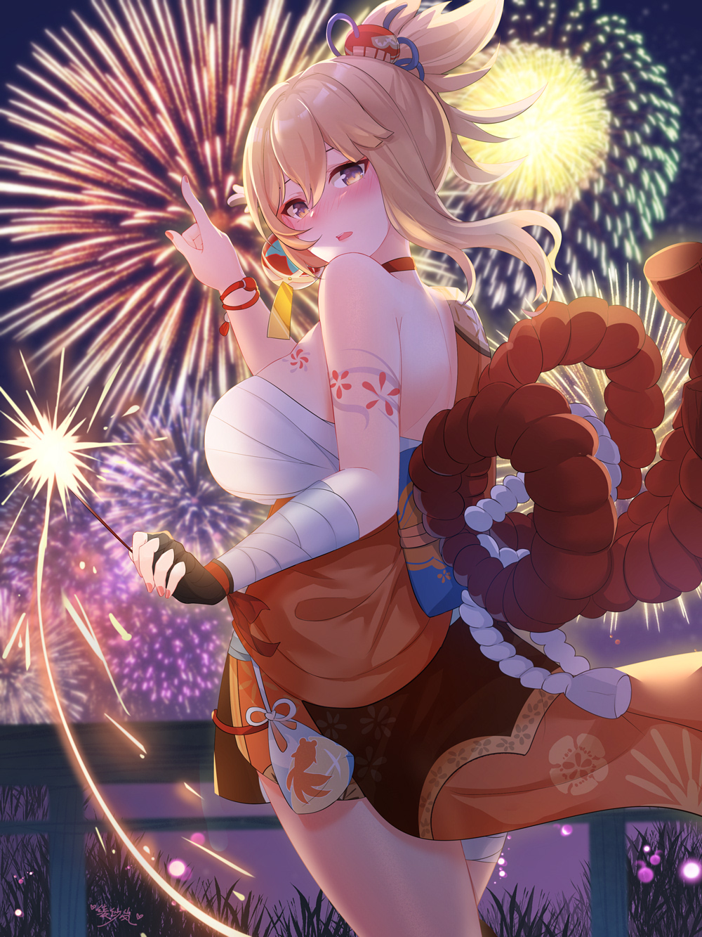 1girl, arm_tattoo, bandages, bare_shoulders, blonde_hair, blush, breasts, chest_tattoo