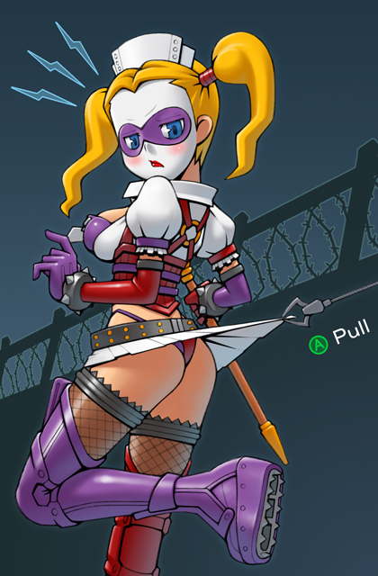 batman:_arkham_asylum, belt, blonde_hair, blue_eyes, blue_steel, boots, bracelet, dc_comics, female, gloves, harley_quinn, hat, long_hair, looking_back, mask, miniskirt, nurse_cap, nurse_uniform, pantyshot, skirt, solo, spiked_bracelet, thigh-highs, twintails, uniform