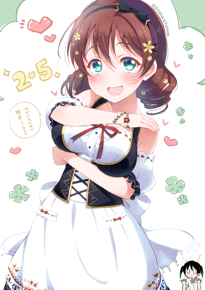 bangs, birthday, blue_eyes, bow, braid, breasts, brown_hair, detached_sleeves