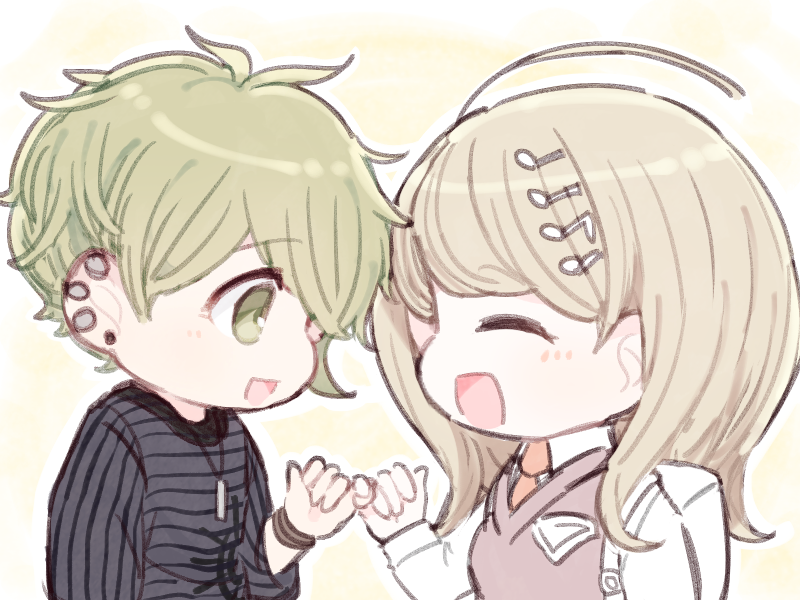 1boy, 1girl, :d, ahoge, akamatsu_kaede, amami_rantarou, backpack, bag