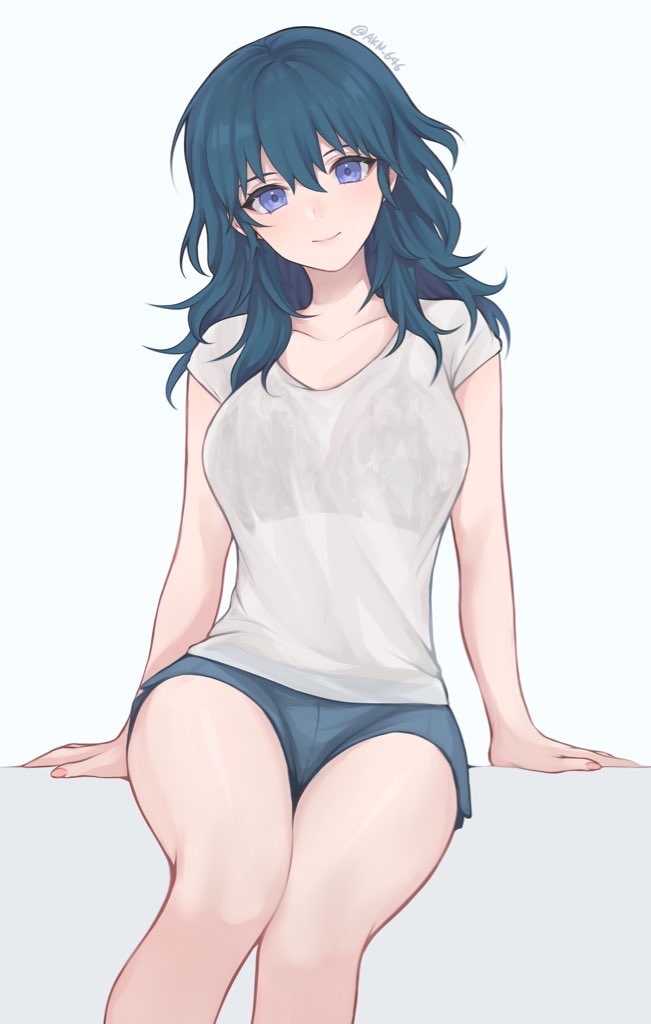 1girl, banned_artist, black_bra, blue_background, blue_eyes, blue_hair, blue_shorts, bra