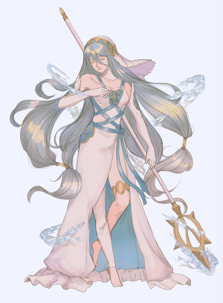 1girl, anklet, asymmetrical_legwear, azura_(fire_emblem), bangs, bare_shoulders, barefoot, blue_background