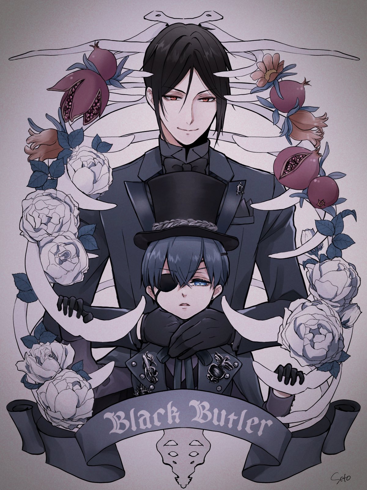 2boys, artist_name, black_gloves, black_hair, black_headwear, black_neckwear, blackletter, blue_eyes