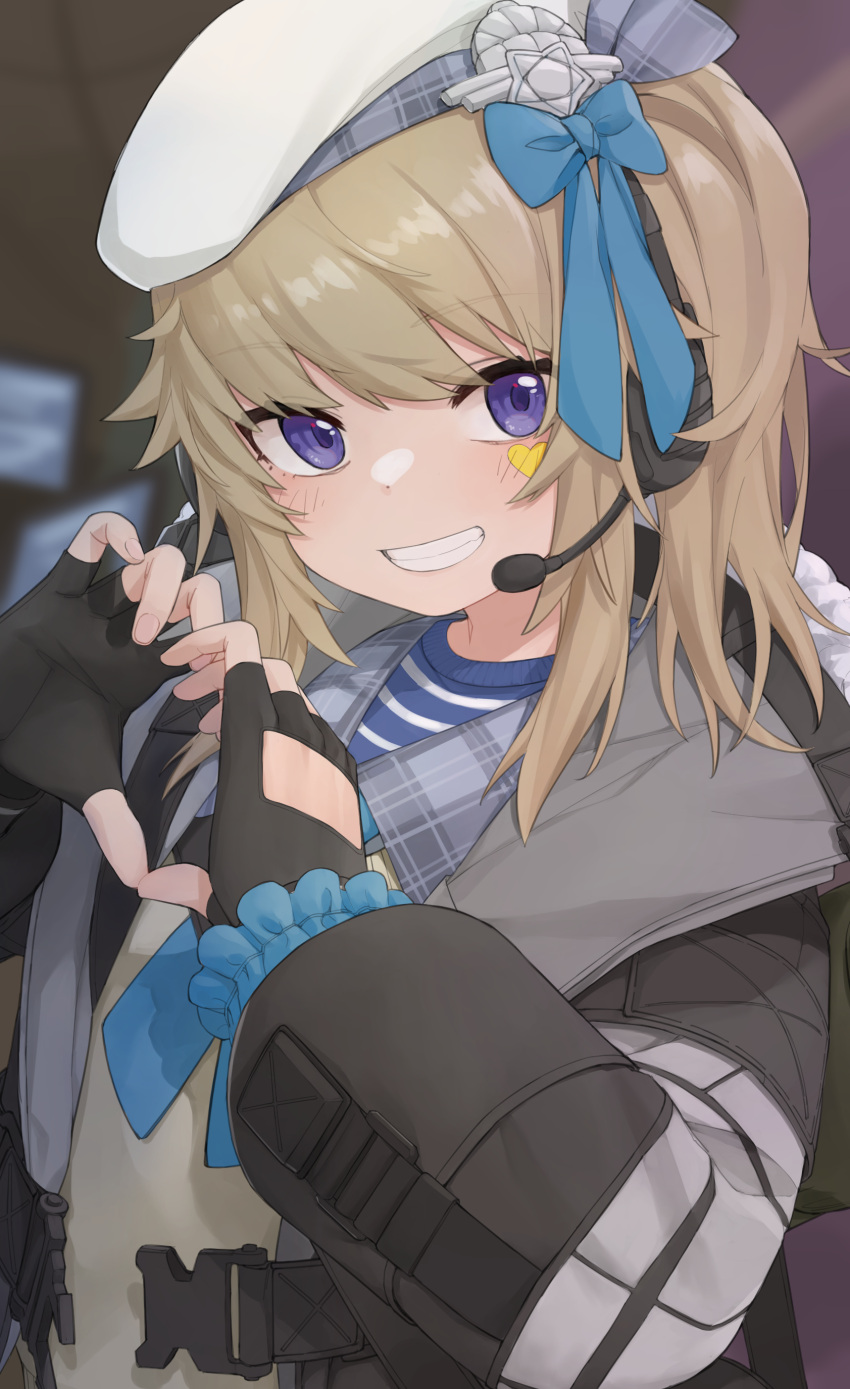 1girl, absurdres, beret, black_gloves, black_jacket, blonde_hair, blue_eyes, fingerless_gloves
