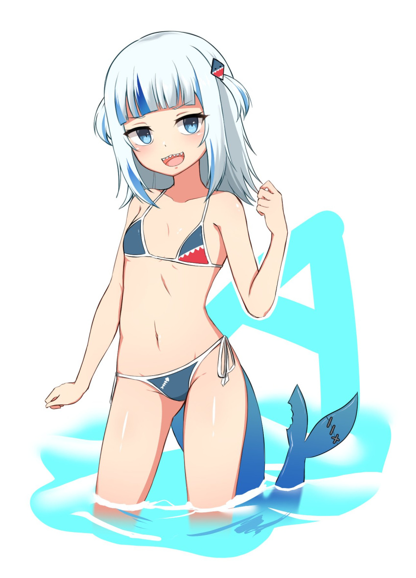 1girl, :3, :d, bangs, bikini, blue_bikini, blue_eyes, blue_hair, blunt_bangs, breasts, collarbone, fish_tail, gawr_gura, groin, hair_ornament, hand_up, highres, hololive, hololive_english, looking_at_viewer, medium_hair, midriff, multicolored_hair, nanju_bami, navel, open_mouth, partially_submerged, shark_girl, shark_hair_ornament, shark_tail, sharp_teeth, small_breasts, smile, solo, streaked_hair, swimsuit, tail, teeth, two-tone_hair, two_side_up, upper_teeth, v-shaped_eyebrows, virtual_youtuber, wading, white_background, white_hair