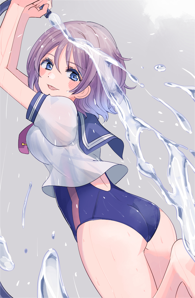 1girl, :p, ass, blue_eyes, blue_sailor_collar, blue_swimsuit, blush, breasts
