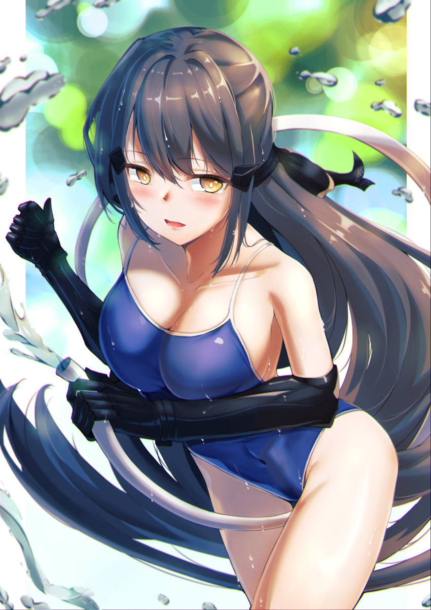 1girl, alternate_costume, black_hair, blush, breasts, collarbone, dandelion_(girls_frontline), girls_frontline, highres, hose, large_breasts, long_hair, mechanical_arms, navel, open_mouth, school_swimsuit, smile, swimsuit, very_long_hair, xlscaler, yellow_eyes