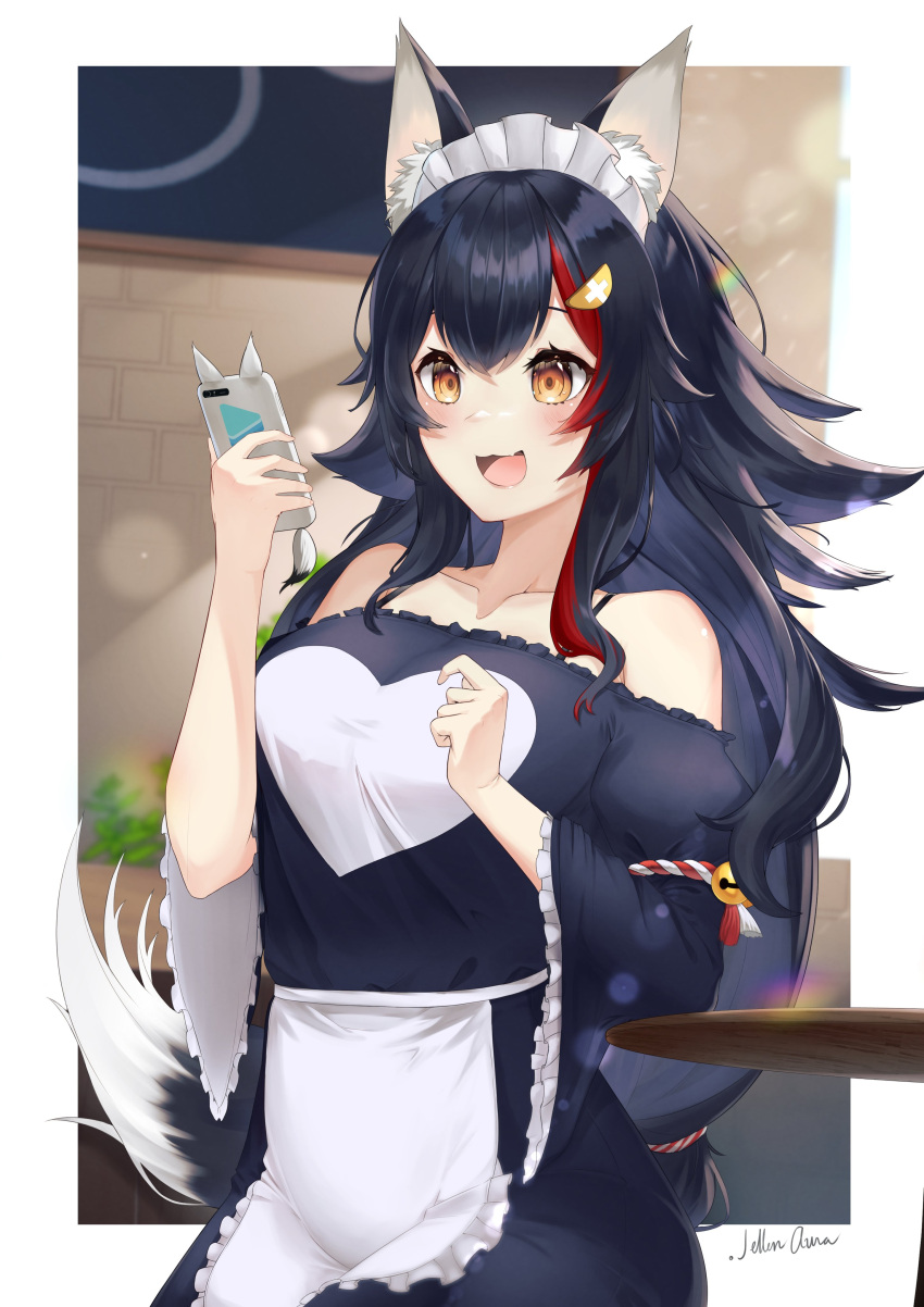 1girl, absurdres, animal_ears, apron, bangs, bare_shoulders, black_hair, blush, breasts, cellphone, collarbone, dress, frills, highres, hololive, jellen_aura, large_breasts, maid, maid_headdress, medium_hair, multicolored_hair, off-shoulder_dress, off_shoulder, ookami_mio, phone, smartphone, smile, standing, streaked_hair, tail, wolf_ears, wolf_girl, wolf_tail