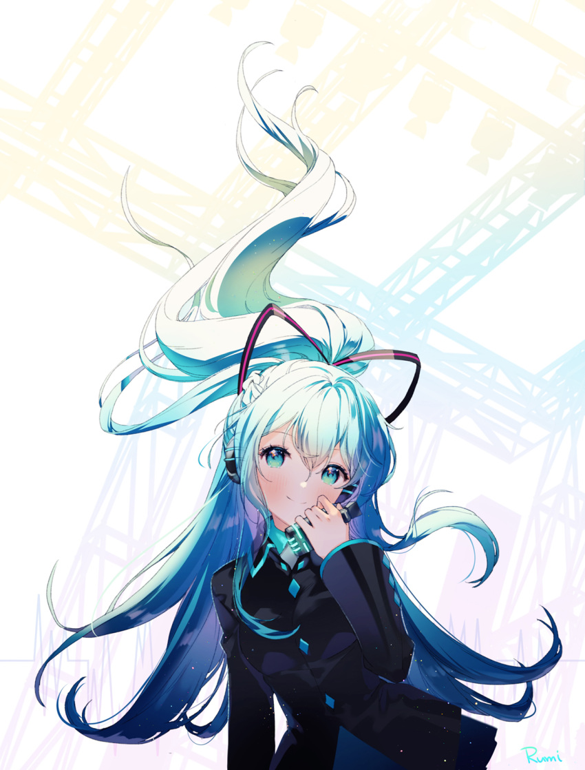 1girl, aqua_eyes, arm_at_side, artist_name, backlighting, black_bow, black_jacket, blue_hair