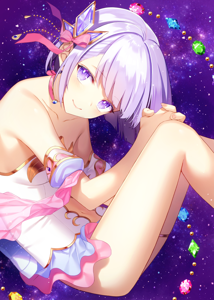 1girl, arm_garter, bare_shoulders, blush, breasts, brooch, chacha_rw, choker