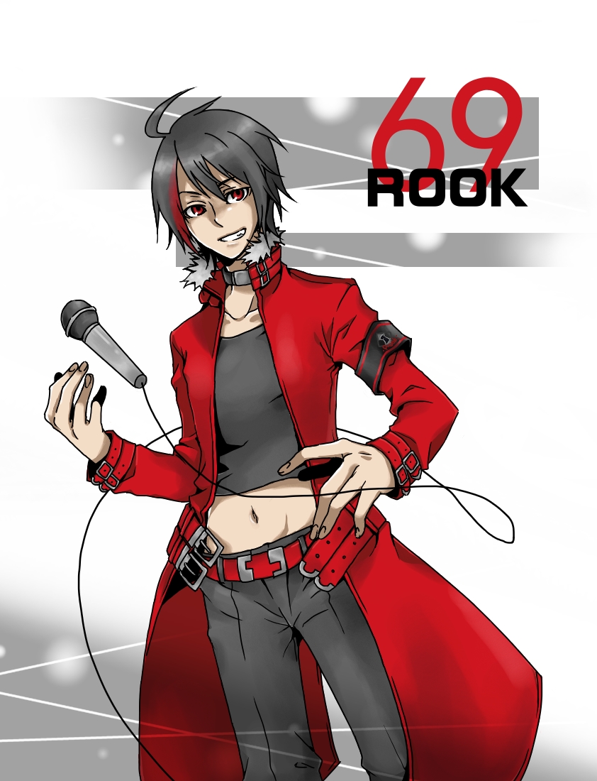 1boy, ahoge, collar, male, microphone, midriff, multicolored_hair, navel