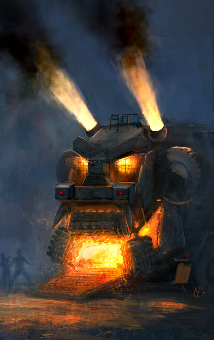 concept_art, dyatomi, fire, ground_vehicle, highres, night, outdoors, twisted_metal