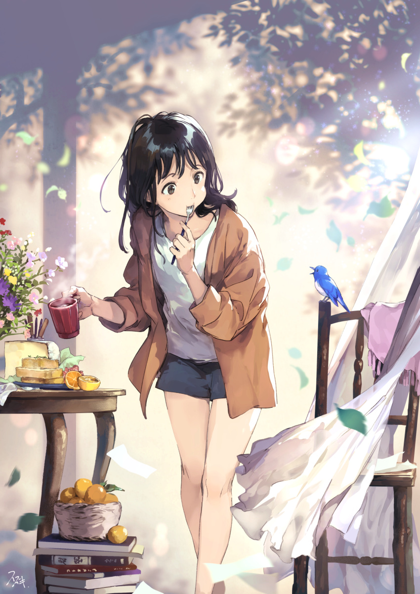 1girl, artist_name, basket, bird, bird_request, black_eyes, black_hair, black_shorts