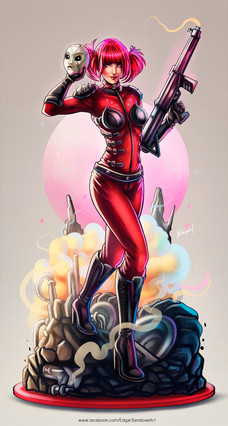 1girl, black_footwear, black_gloves, bodysuit, boots, breasts, dollface_(twisted_metal), edgar_sandoval