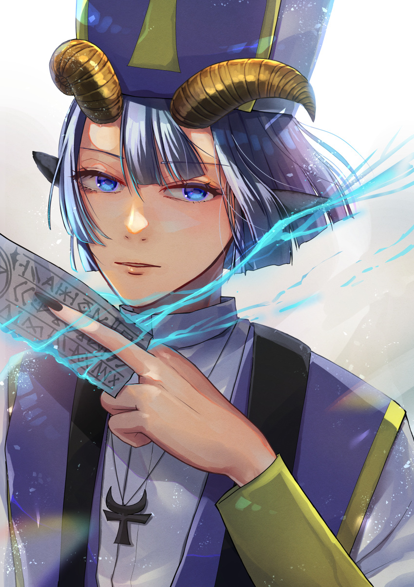 1boy, absurdres, black_nails, blue_eyes, demon_cleric, demon_horns, hat, highres