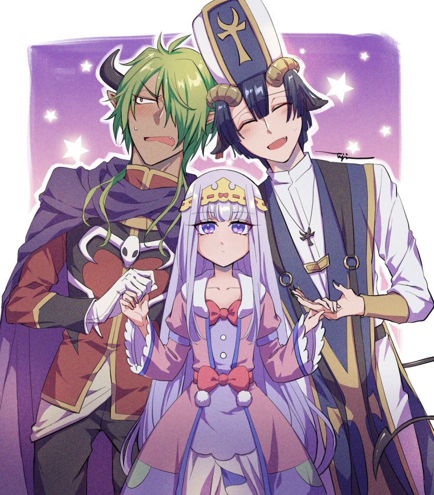 1girl, 2boys, aurora_sya_lis_kaymin, black_hair, black_nails, black_pants, bow, closed_eyes, dark-skinned_male, dark_skin, demon_cleric, demon_king_tasogare, demon_tail, dress, fang, gloves, green_hair, grey_hair, hair_over_one_eye, highres, holding_hands, horns, looking_at_viewer, maou-jou_de_oyasumi, multiple_boys, o-ring, pants, pink_bow, purple_background, standing, star_(symbol), sweatdrop, tail, violet_eyes, white_gloves, yujin1429