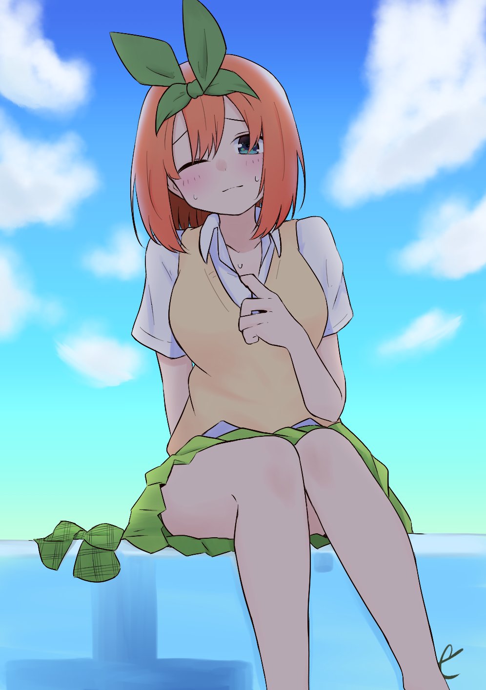 1girl, blue_eyes, blue_sky, blush, bow, bow_removed, breasts, closed_mouth