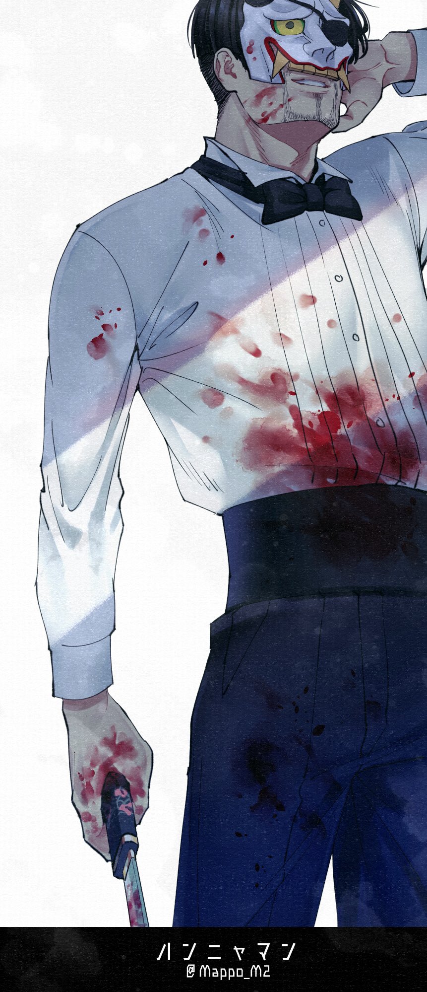 1boy, black_hair, blood, blood_on_face, blood_on_hands, blood_splatter, blood_stain, bow