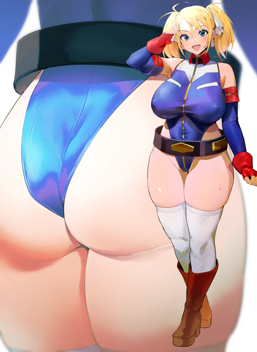 1girl, ass, belt, blonde_hair, blue_eyes, blue_leotard, blush, breasts