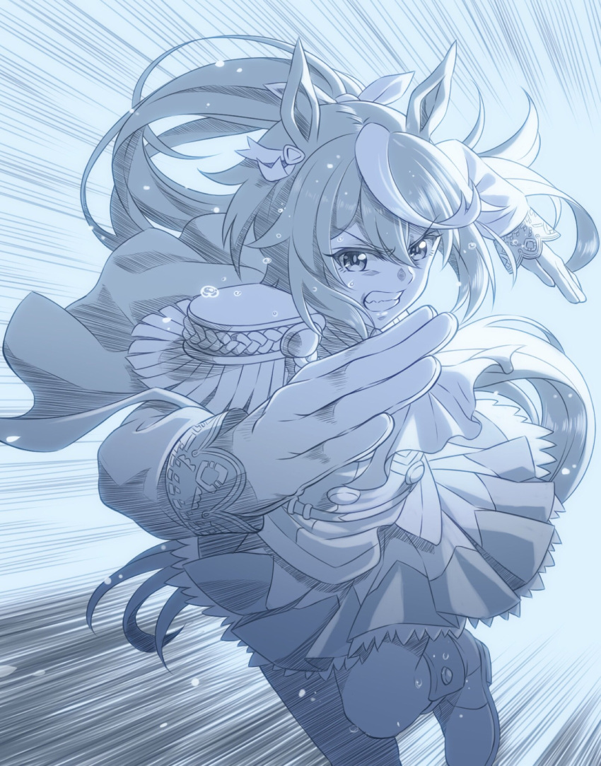 1girl, animal_ears, bangs, cloak, coat, fumika_asano, gloves, greyscale