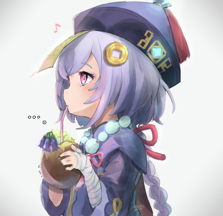 1girl, absurdres, akino_yoo, bangs, bead_necklace, beads, blush, coconut, coin_hair_ornament, dress, drinking, drinking_straw, eyebrows_visible_through_hair, genshin_impact, hat, highres, jewelry, jiangshi, necklace, purple_dress, purple_hair, qing_guanmao, qiqi_(genshin_impact), simple_background, solo, violet_eyes, wide_sleeves