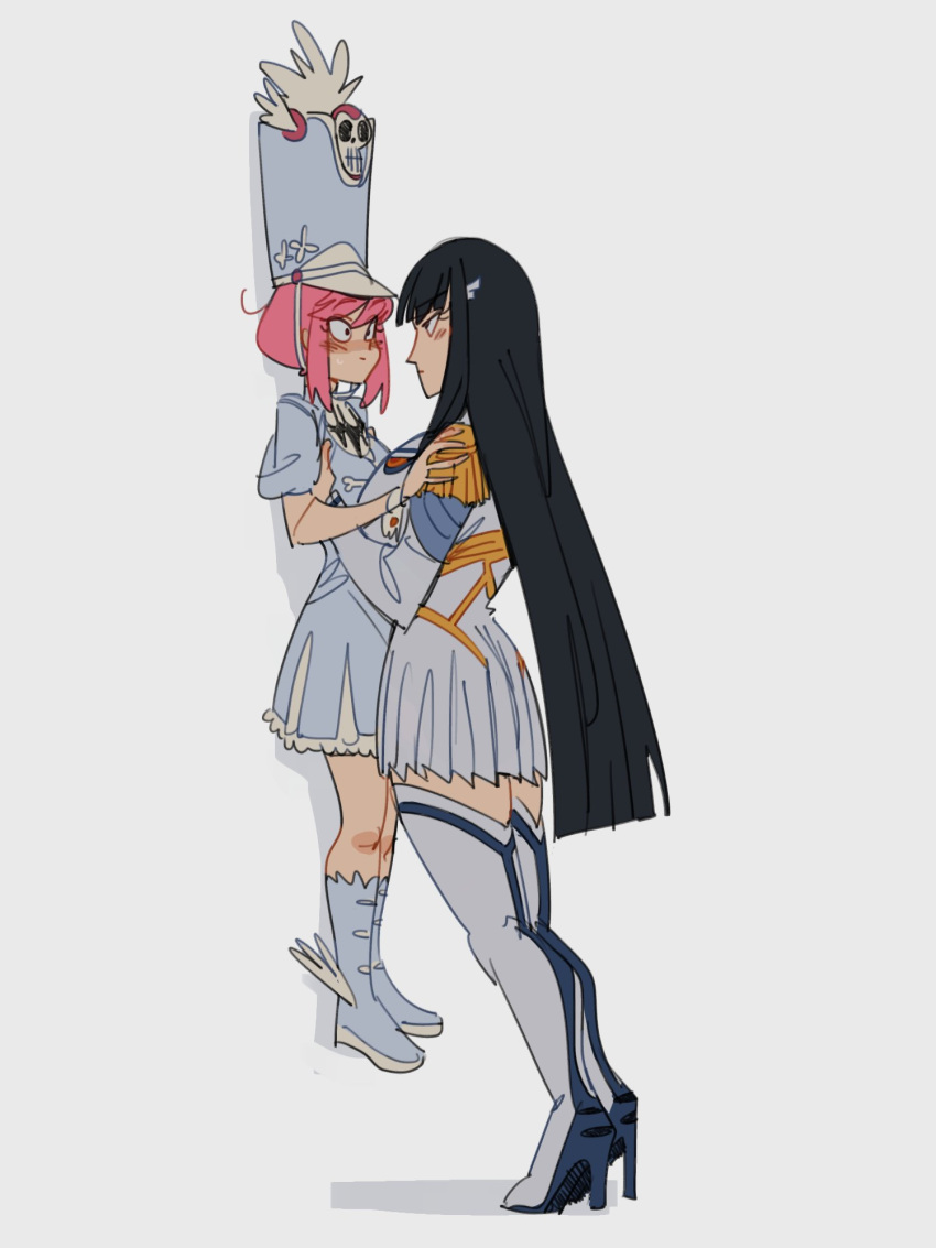 2girls, black_hair, blush, boots, commentary, epaulettes, eye_contact, face-to-face, from_side, grey_background, gutalalaman, hat, height_difference, high_heel_boots, high_heels, highres, jakuzure_nonon, junketsu, kill_la_kill, kiryuuin_satsuki, lauren_phillips_lifting_alice_merchesi, long_hair, long_sleeves, looking_at_another, meme, multiple_girls, pink_hair, shadow, shako_cap, short_sleeves, symbol-only_commentary, thigh-highs, thigh_boots, very_long_hair, yuri